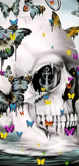 A surreal skull with butterflies in mystical art.