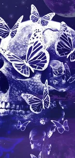 Skull with butterflies against purple moonlit sky.