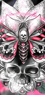 Artistic skull and butterfly phone wallpaper with pink highlights.