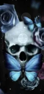 Dark wallpaper with skull, blue roses, and butterfly.