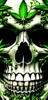 Skull with cannabis leaves overlay art.