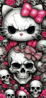 Gothic cat and skull design with pink roses.