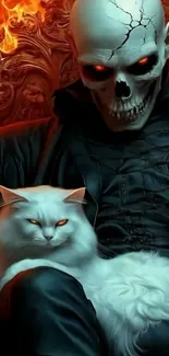 Fantasy skull with a cat, fiery background.