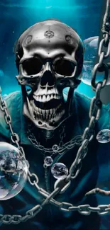 Metallic skull with chains and ocean bubbles, dark fantasy wallpaper.