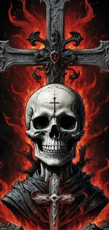 Gothic skull with cross and fiery background wallpaper.