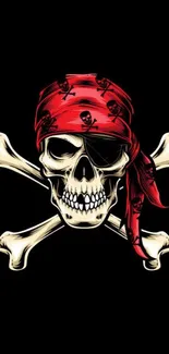 Skull and crossbones with red bandana on black background.