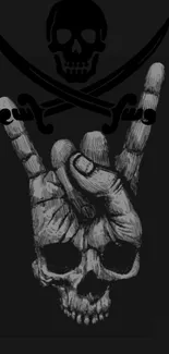 Skull with crossbones and rock gesture graphic wallpaper.