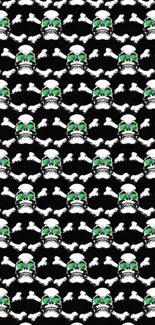 Skull and crossbones pattern with green accents on black background.