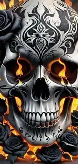 Intricate skull art with flames and roses wallpaper.