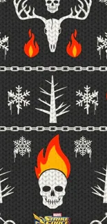 Dark skulls and flames wallpaper with chains and snowflakes.