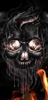 Intricately designed skull with flames, bold and dynamic mobile wallpaper.