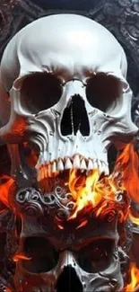 Fiery skull with flames in a dark, gothic art style on mobile wallpaper.