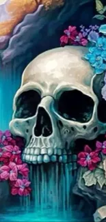 Colorful skull and floral mobile wallpaper with vibrant blue hues.