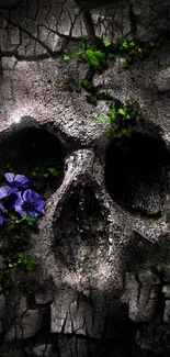 Textured skull with vibrant flowers and moss mobile wallpaper.