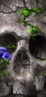 Textured skull with green vines and purple flowers on cracked stone background.