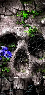 Skull with purple flowers and green foliage on a cracked surface background.