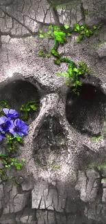 Skull wallpaper with purple flowers and green vines on textured background.