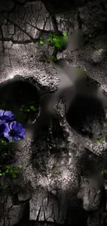 Gothic skull texture with purple flowers and green foliage on dark background.