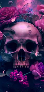 A skull surrounded by vibrant roses and dark mystical colors.