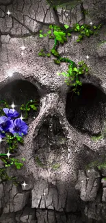 Skull with vibrant green and purple flowers on textured background.