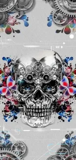 Skull with gears and colorful floral design on a mobile wallpaper.