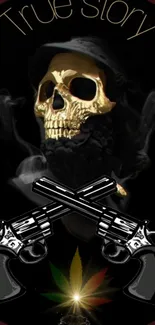 Dark wallpaper with a golden skull and crossed guns.