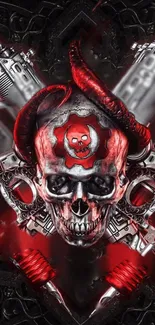 Dark art wallpaper featuring a skull and red horns.