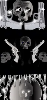 Dark themed wallpaper with skulls and guns.