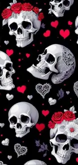 Skull and rose pattern wallpaper with hearts.