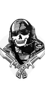 Black and white skull with crossed knives drawing.