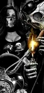 Artwork of skulls and motorcycles with flames.