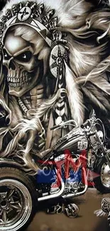 Dark themed wallpaper with skull and motorcycle art design.