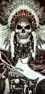 Skull with feather headdress and motorcycle against a stormy sky with lightning.