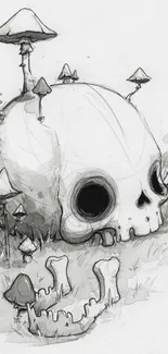 Illustration of a skull surrounded by mushrooms in grayscale design.