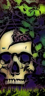 Artistic skull and nature wallpaper in green and purple hues.