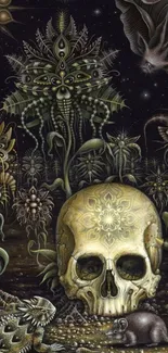 Fantasy art wallpaper with skull and plants under starry sky.