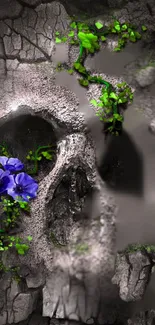 Skull with green foliage and purple flowers on stone texture.