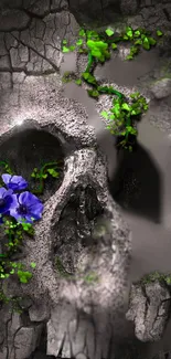 Skull with vivid green leaves and purple flowers on a textured background.