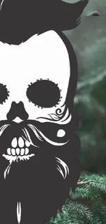 Stylized skull and beard over a dark green forest background.