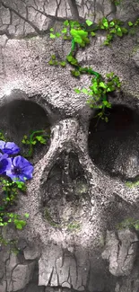 Gray skull with green vines and purple flowers mobile wallpaper.