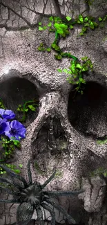 Skull surrounded by flowers and vines on wallpaper.