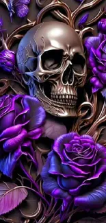 Skull with purple roses and intricate branches design, vivid and gothic.