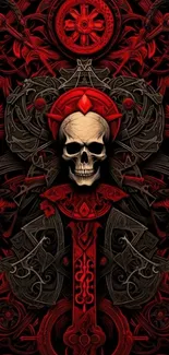 Intricate skull design with dark red gothic patterns.