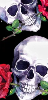 Mobile wallpaper with skulls and red roses on a black background.