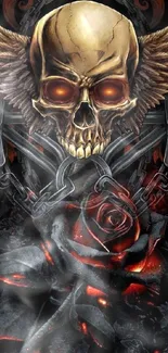 Edgy skull with wings and red rose wallpaper.