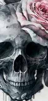 Skull adorned with a beautiful pink rose