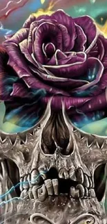 Artistic wallpaper with a skull adorned by a vibrant purple rose with dynamic colors.