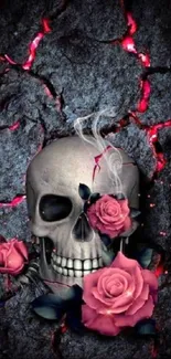 Skull with pink roses and cracked rock background wallpaper.