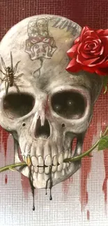 Artistic skull with red rose and spider wallpaper.