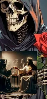 Gothic wallpaper with hooded skeleton and rose.